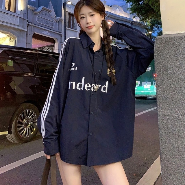 【予約販売】 シャツ オーバーサイズ ライン 長袖 ユニフォーム風 トップス レディース ビッグシルエット ネイビー ホワイト スポーティー こなれ感 体型カバー ゆったり 大人可愛い おしゃれ 韓国 OL 春 夏 秋 デート トレンド フリー