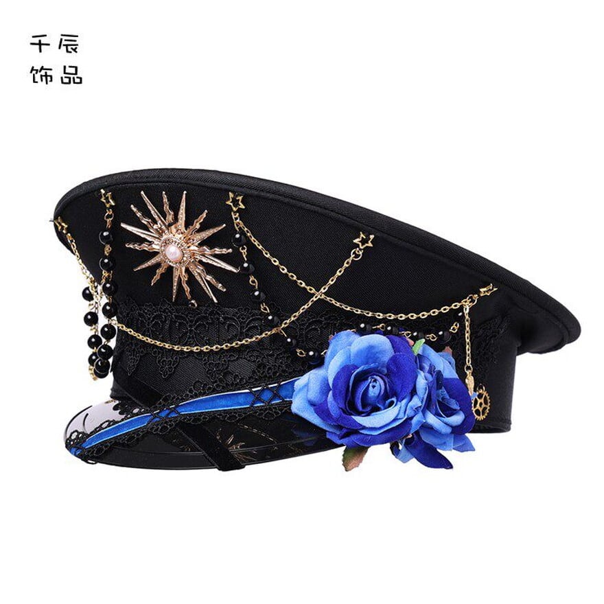 ロリータファッション ゴシックロリータ 薔薇チェーン軍帽キャップ