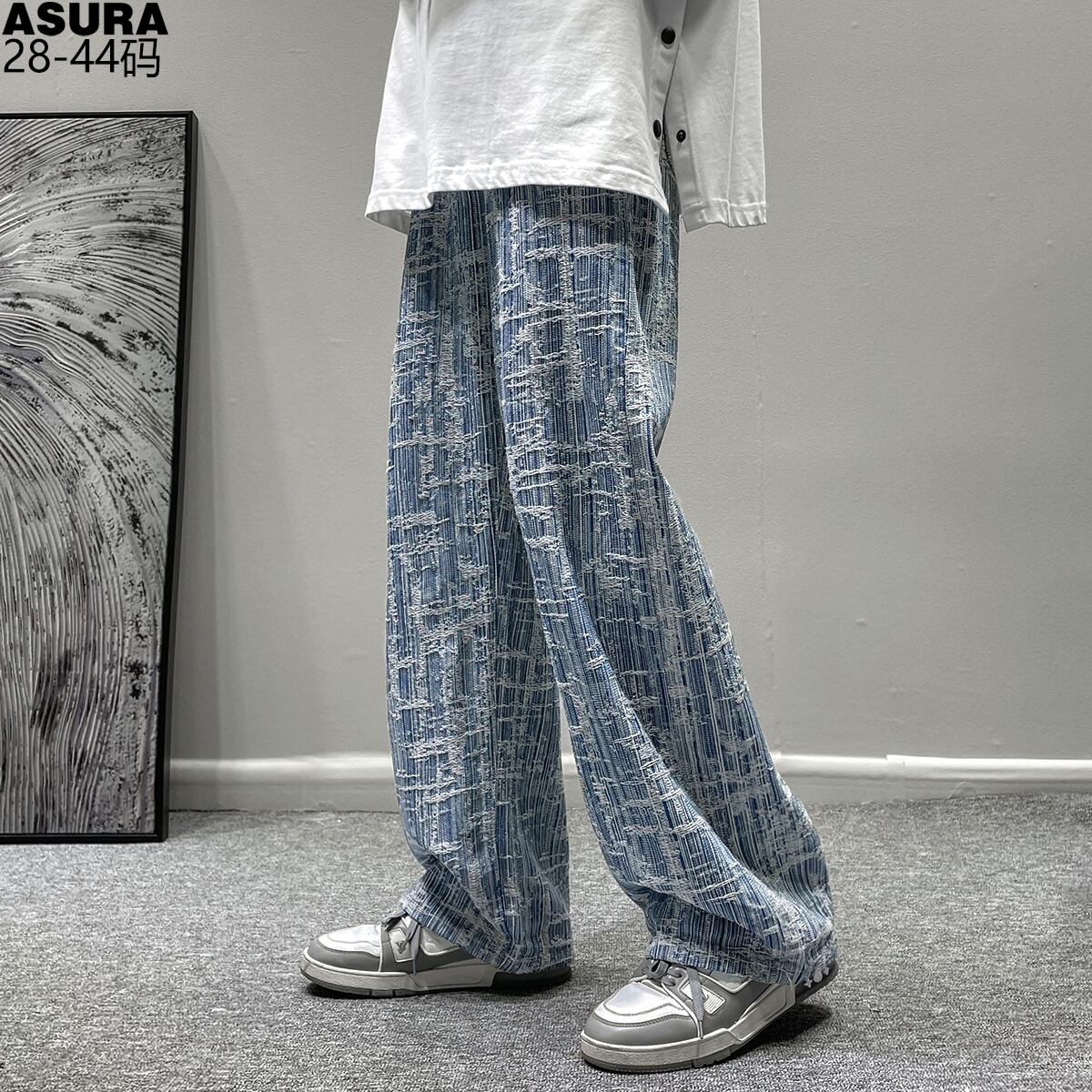 スタンダードストライプルーズカジュアルパンツ スプリングオータム レトロ ストリート 大きめサイズ 春物 秋物 ASURAプラスサイズメンズ44228390052