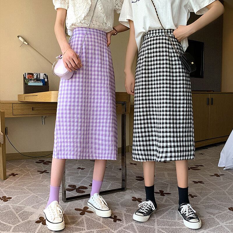 ウェストスリム格子柄スカート スプリングドレス スリットAラインスタンダード レトロ 春物 萌量不足48990829029