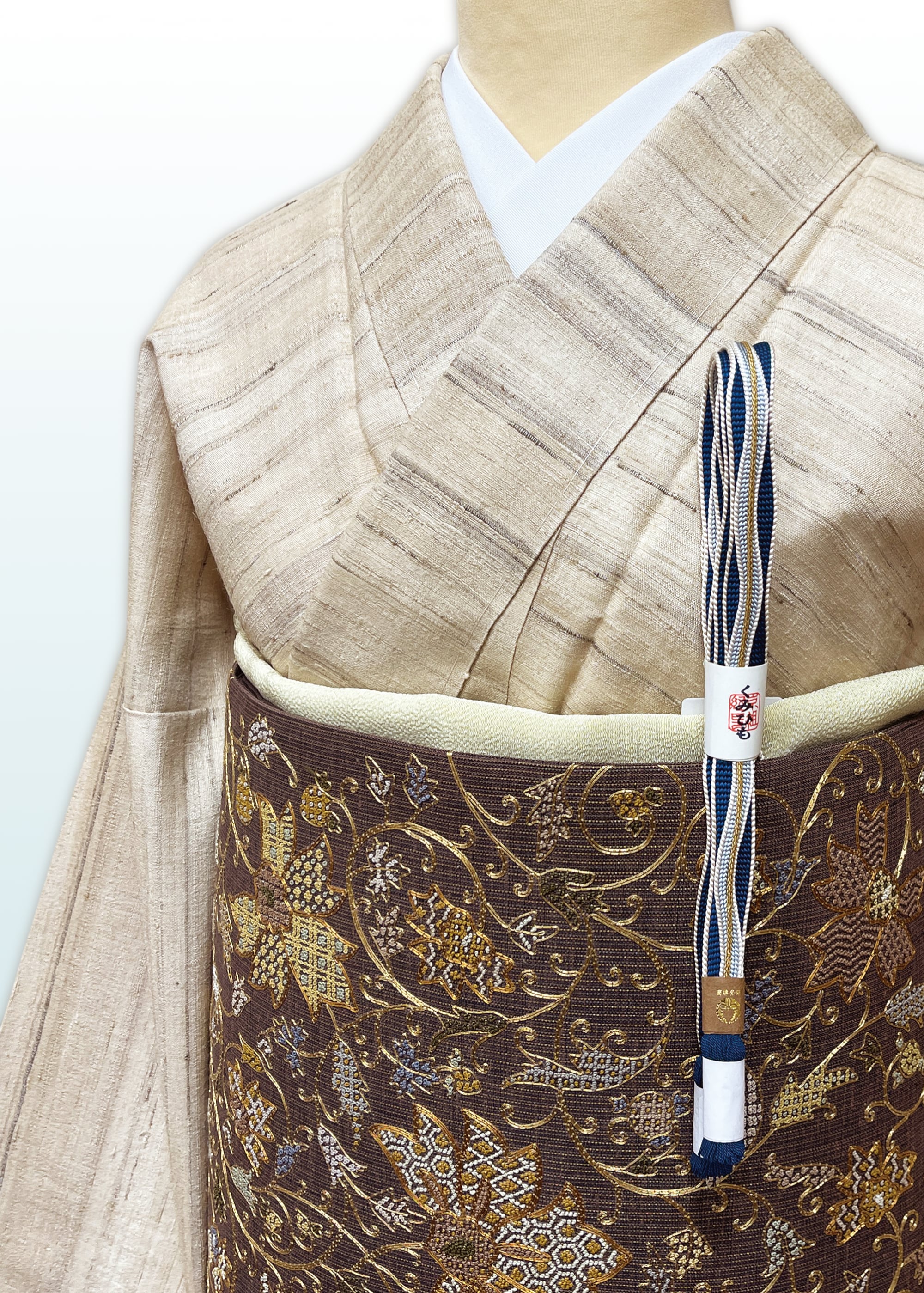 (袷)砂色横段文 タッサーシルク 紋なし・しつけ糸付 LUKMA-057(リユース品)