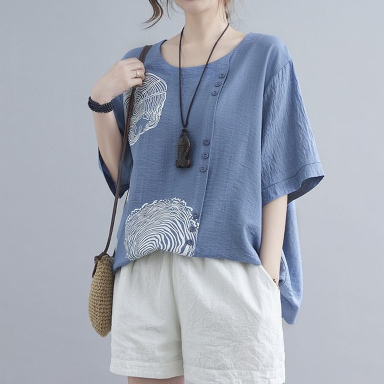 木目調プリントフロントボタン シャツ 30221