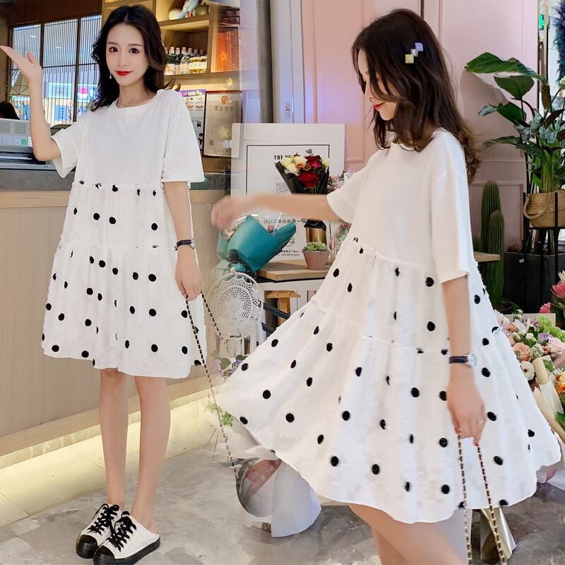 【新作】【送料無料】 黒/白マタニティフェアリードレス半袖Oネックコットンパッチワーク水玉テルドレス妊婦ドレス ショート ホワイト ブラック ハーフスリーブ AL expec38715843275