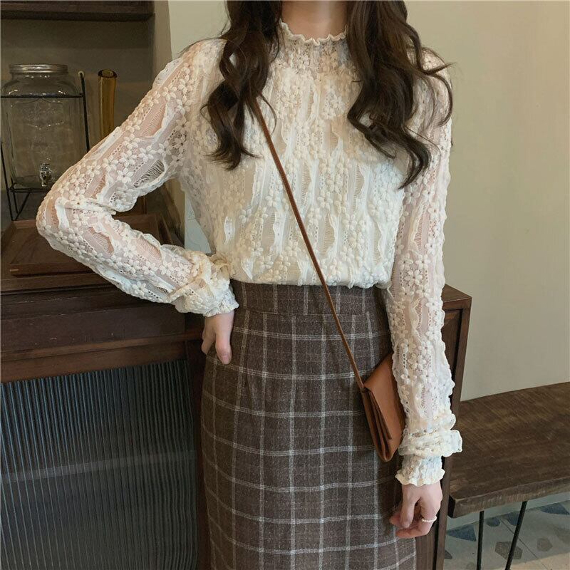メッシュカラーレースシャツ オータムウィンタースタイルプルオーバー トップス ロング 秋物 冬物 萌量不足6623314789