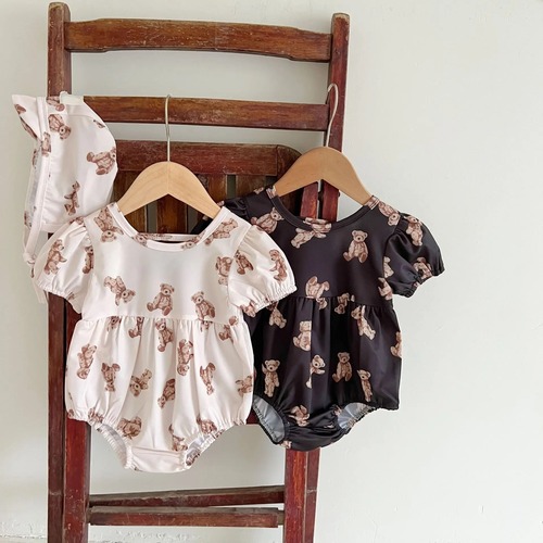 short sleeve bear onepiece swim wear｜ 水着 くま柄 半袖 ワンピース 女の子 男の子 ホワイト ブラック