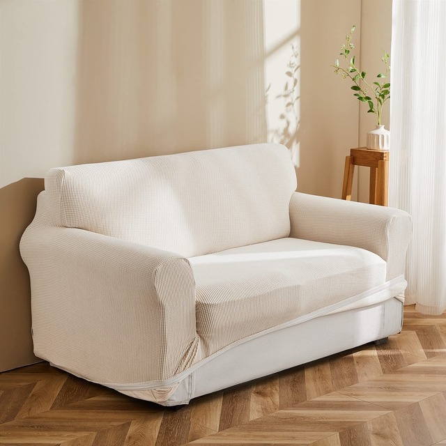 【在庫セール】Topfinel ソファーカバー 3人掛け 肘付き 無地 北欧風 ストレッチ フィットタイプ 伸縮素材伸び良く 滑り止め 柔らかい 犬 猫 傷 防止 超便利 四季適用(ベージュ)