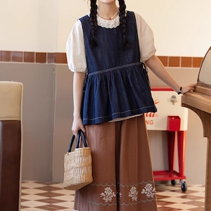 サイドリボンギャザーデニムベスト ・6947 サイドリボンギャザーデニムベスト ・6947