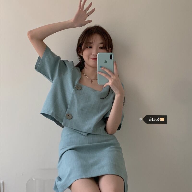 夏バージョン2020新しいハーフレングススカートツーピーススクエアネックネットレッドエインファッション半袖シャツレディーススーツ 1号婦人39948704054