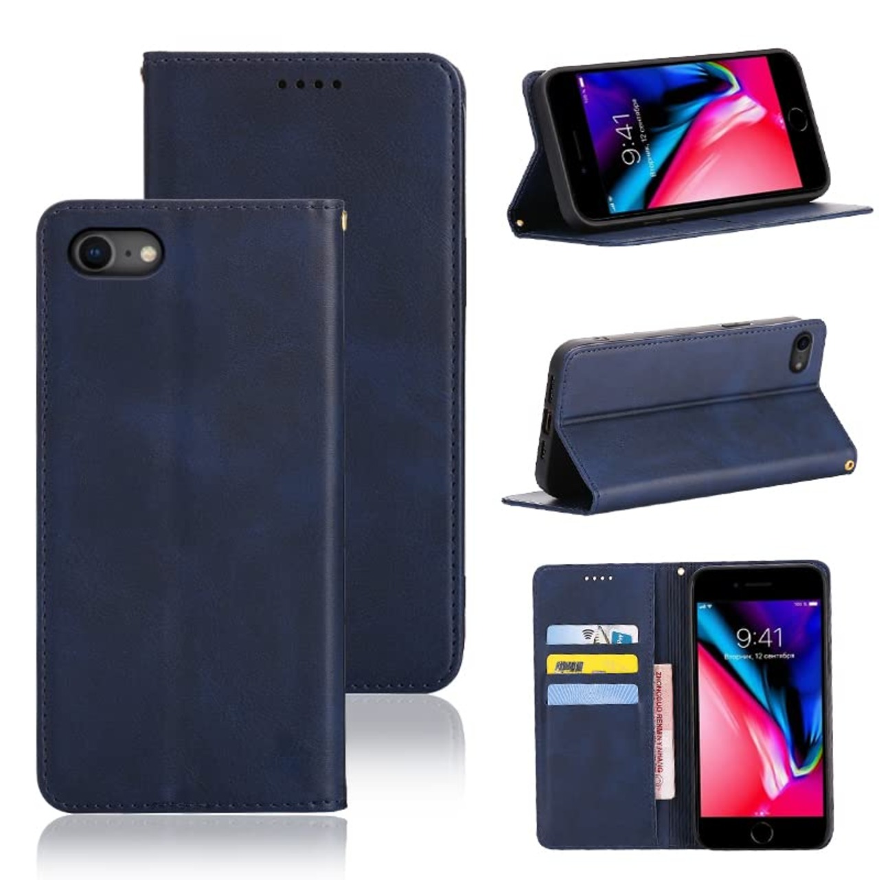 適用 iPhone SE (第2世代/第3世代) ケース 手帳型 (4.7インチ対応) iphone8 用 iphone7 用 手帳型 ケース カバー PUレザー カード収納 財布型 耐衝撃 ケース マグネット スタンド機能付き 5色 (適用 iPhone 7/8/SE2（2020）/SE3（2022）ケース 手帳型) (深い青)