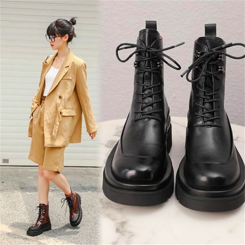 【新作】【送料無料】 レザー厚底オールマッチレースアップレディースブーツブラックホワイトワインレッドブーツウィンターレディースファッションブーツ 靴 シューズ 冬物 10b318646427389
