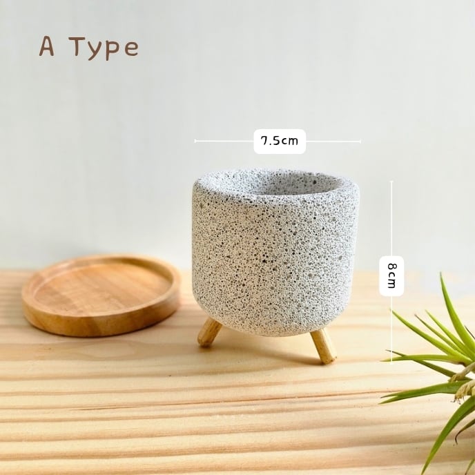 ミニ植木鉢 + 木製受け皿付き 〛軽量コンクリートの植木鉢 Sサイズ