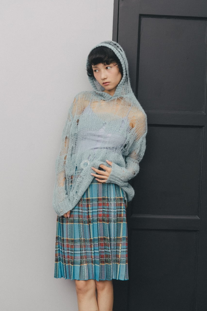 ラメニットプリーツチェックスカート BLUE