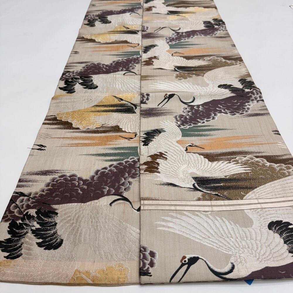 中古 丸帯 正絹 草花 全通柄 ベージュ Bランク 380cm 6249