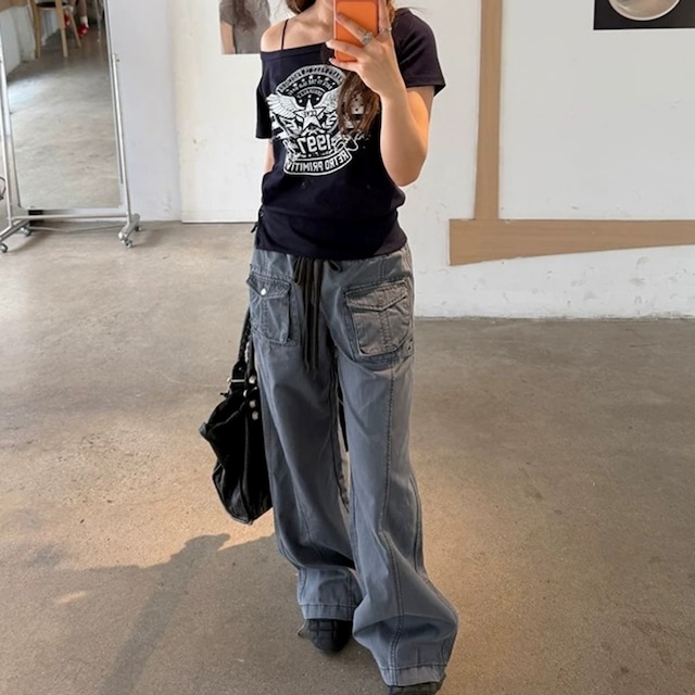 ワンショルダーレトロエンブレムグラフィックTシャツ 2col R02446