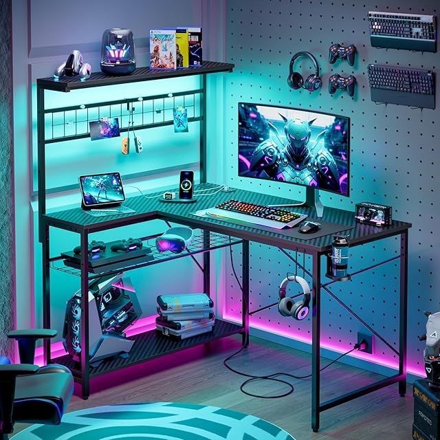 L字デスク ゲーミングデスク 机 PCデスク 幅110cm 学習机 HLFURNITURE ゲーミングデス 80奥行き*110幅*74高さコンセント付き
