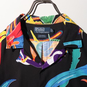 極美品 M レーヨン Caldwell ポロラルフローレン 半袖開襟シャツ 熱帯魚 総柄 黒 アロハ ブラック サカナ polo ralph lauren