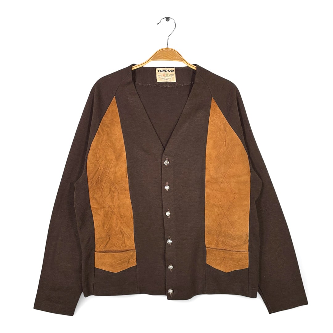 70s ツンドラ カナダ製 ヴィンテージ カーディガン スウェードレザー ウール TUNDRA サイズL相当 古着 CI0118