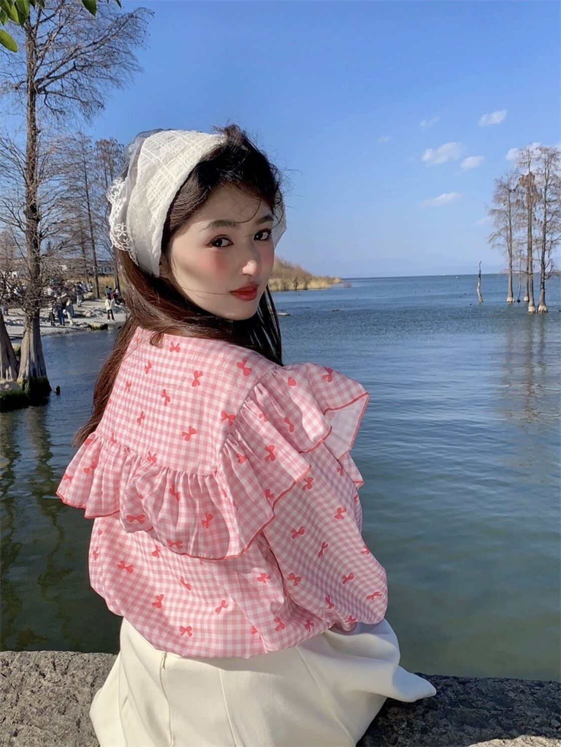 PINK HOUSE さくらんぼ ブルー チェック フード付き ブラウス 紫 
