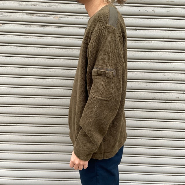 エディーバウアー　イギリス製　ヘンリーネックコットンニット　リブ編み　カーキ　L