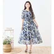TRUBE ウエストリボンシフォン花柄マキシワンピース【M~L】ネイビー