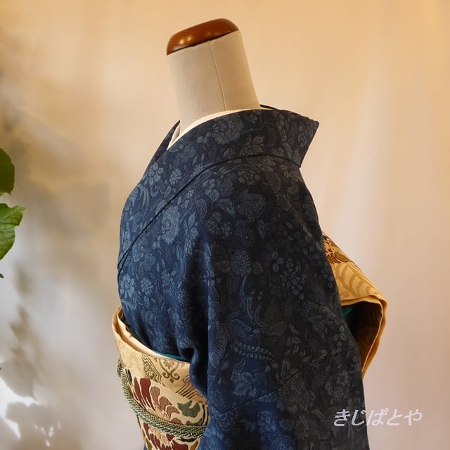 小紋 藍染め 更紗模様 東京ますいわ屋 未使用品 身丈155 裄66 （【T様 