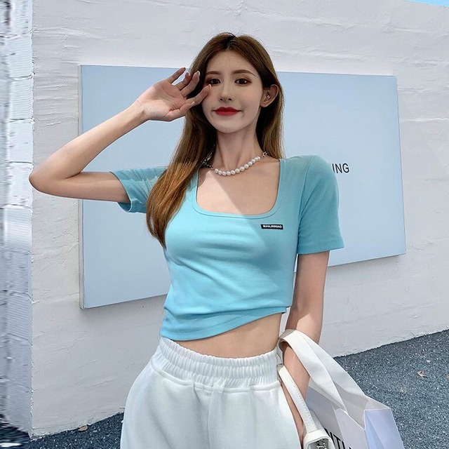Tシャツ サマーソリッド カラーハイウェストウェストクロップドトップス レディース 夏物 ソリッドカラー スクウェア ヨーロピアン Xiaofeijia86624267079