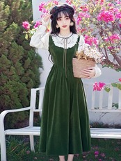【0181】Faux Layered Vintage Velvet Long Sleeve Dress