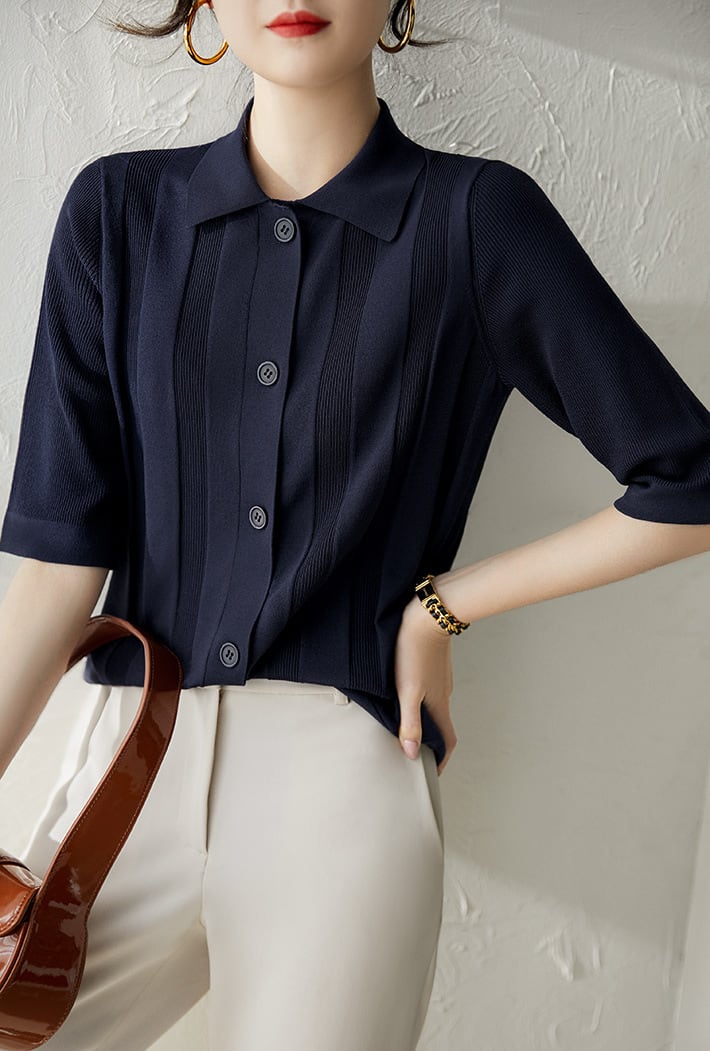 サマーニット ニットソー 5分袖 襟付き 透かし編み 薄手 かわいい 大人