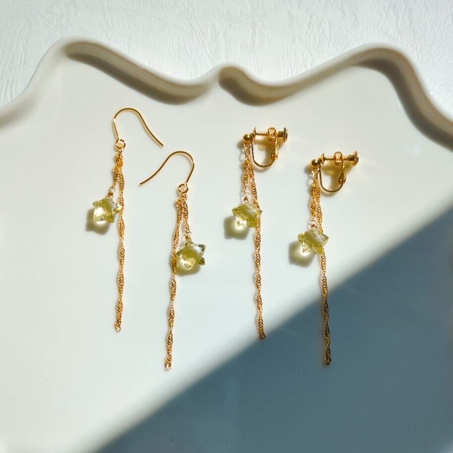 14kgf 星型レモンクォーツのピアス 小さな淡水パール