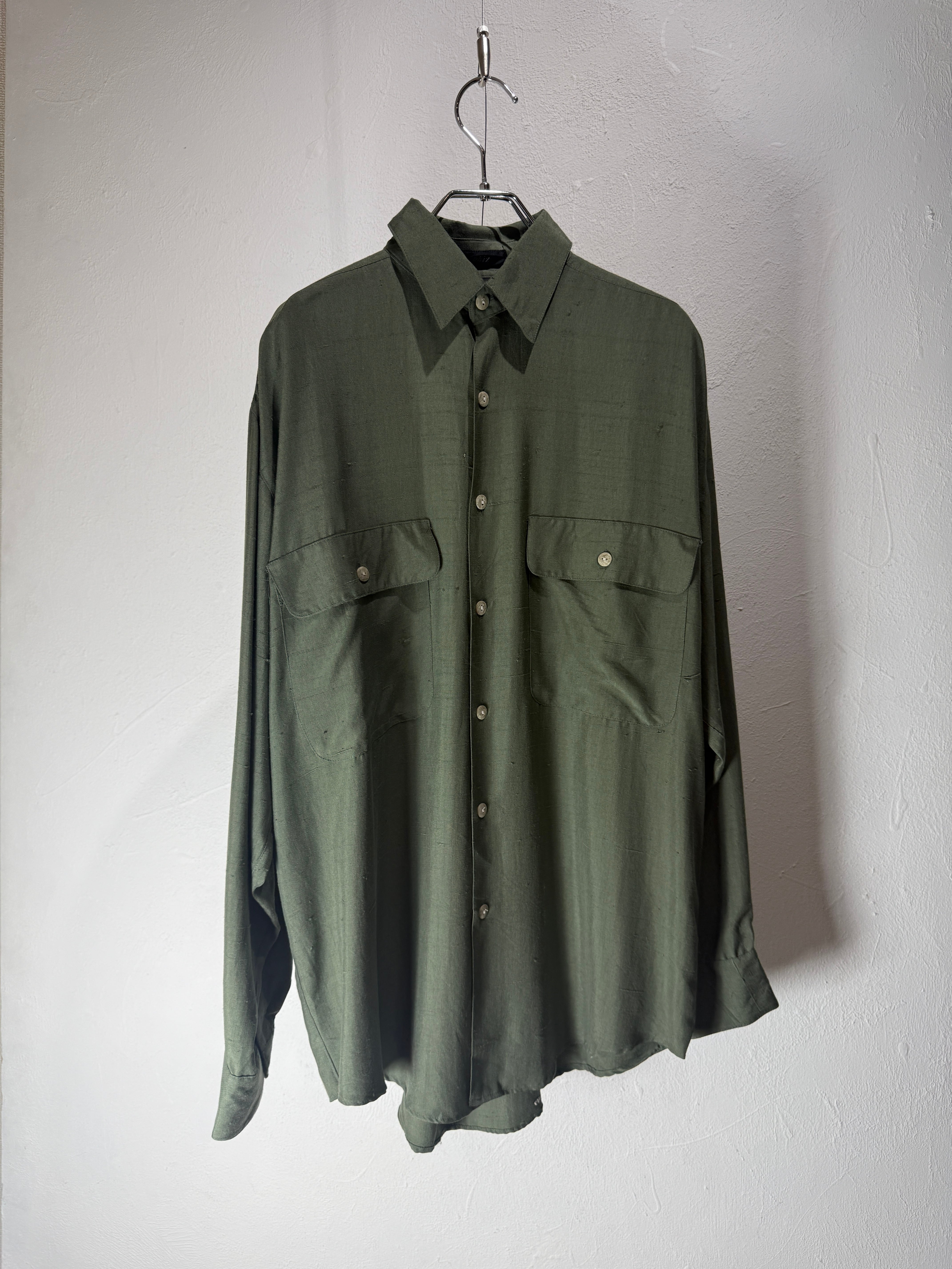 dead stock 90's "Phiz" moss green silk shirt