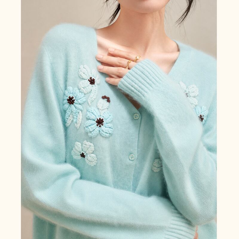 Aqua Blue Embroidered Button-Up Sweater S0264
