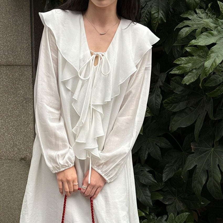 ruffle frill v-neck long one-piece　J00532