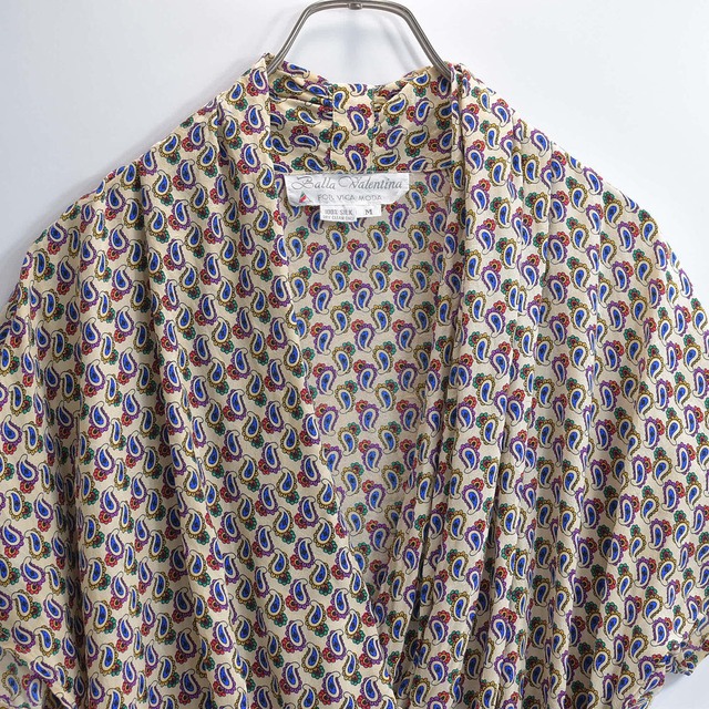 80～90s Balla Valentina バラバレンティナ ペイズリー柄 ドレープデザイン 半袖 シルク カシュクールブラウス ドルマンスリーブ マルチカラー ベージュ ヴィンテージ 絹 ビンテージ 古着 レディース Mサイズ