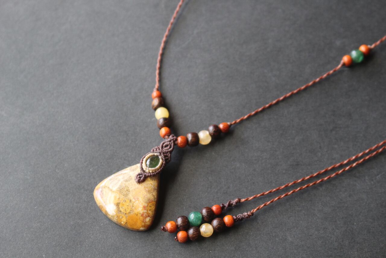 Fossil Coral & Green Tourmaline micro macrame woody pendant