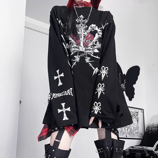 Myurina パンクグラフィックプリントロンT ストリート系 袖ロゴ 長袖T 
