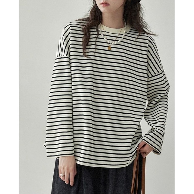 drop shoulder wide sleeve border tops   101604