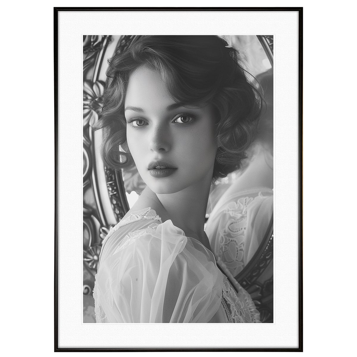 人物写真 鏡の前の女性 インテリアモノクロアートフォトポスター額装 AS4663