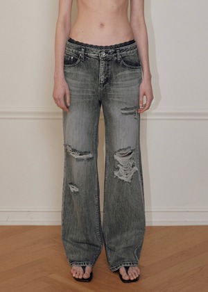 5/7発送 [BOHEMSEO] HIGHLIGHT DAMAGE WIDE PANTS, GRAY 正規品 韓国ブランド 韓国通販 韓国代行 韓国ファッション BOHEMIAN SEOUL ボヘミアンソウル 日本 店舗