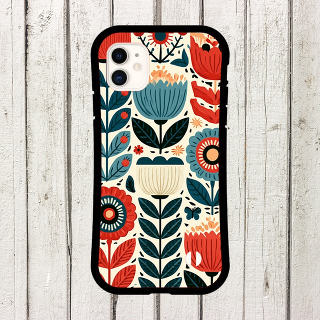 受注生産 iPhoneケース 赤い花と青い葉の民芸柄｜フォークアート FMSY097A