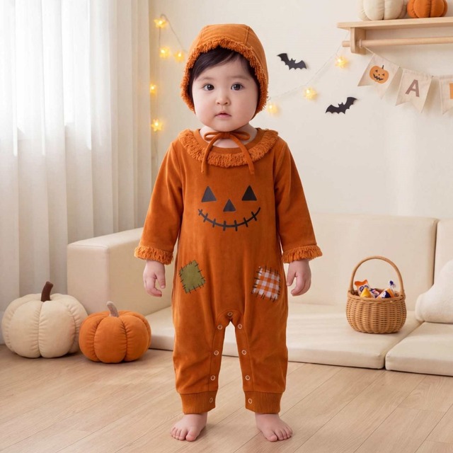 【66-90】秋ハロウィンかぼちゃ＆かかしモチーフロンパース ベビー