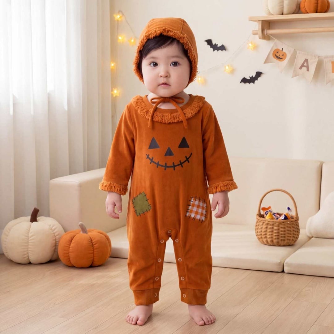 【66-90】秋ハロウィンかぼちゃ&かかしモチーフロンパース ベビー
