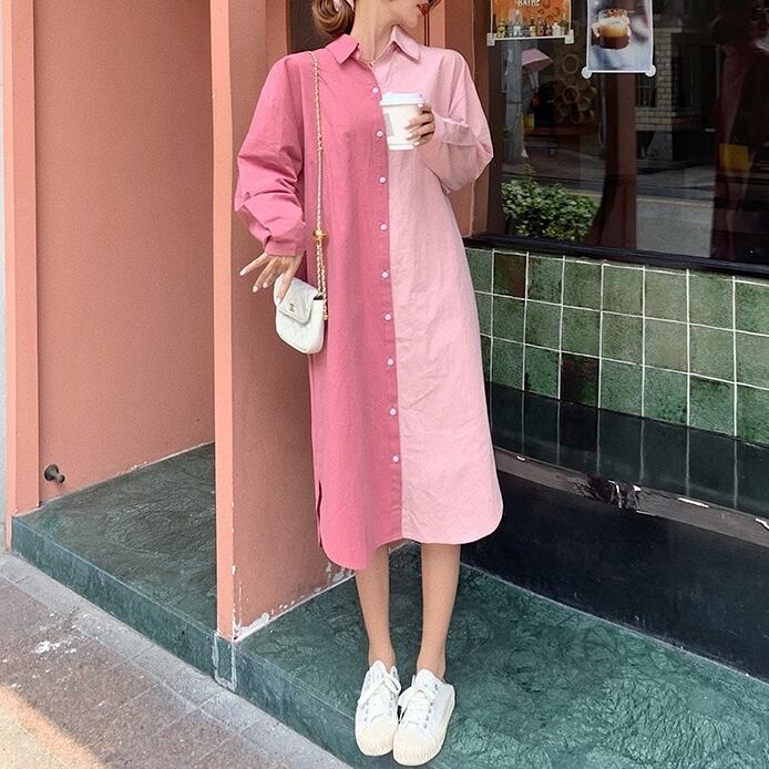 ワンピース レディース 2色 シャツワンピース ミモレ丈 マタニティー 長袖 ポリエステル 襟付き Iライン かわいい 大人可愛い シンプル カジュアル おしゃれ お洒落 こなれ感 ラフ レトロ 抜け感 ピンク グリーン 緑 M L XL 2XL 3XL 4XL 大きいサイズ ゆったり 春 夏 秋 10代 20代 30代 韓国 韓国系 普段使い 体型カバー 着回し 定番 トレンド ママ ファッション コーデ デート お出かけ 女子会 休日 送料無料 公園