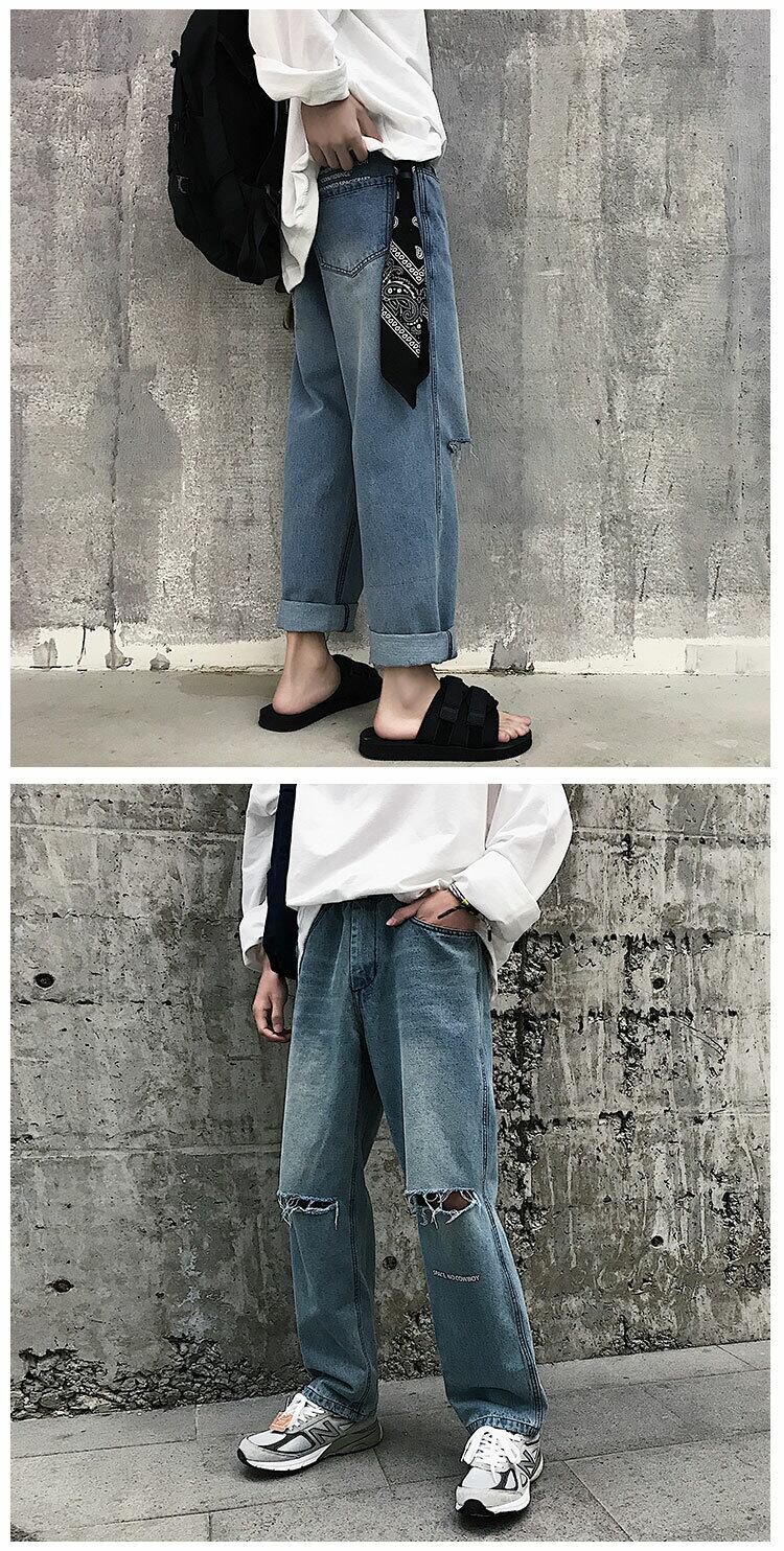 全1色 デニム パンツ ストレート カジュアル ワイド クラッシュ