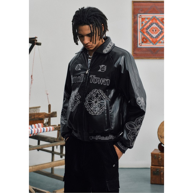 【DRIP6885】STKD Geometric Pattern Stitched Faux Leather Padded Jacket
