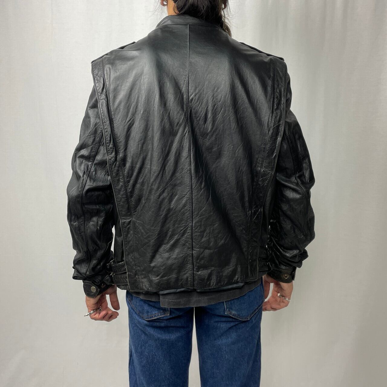 80年代〜 デザイン レザー シングルライダースジャケット メンズM-L  
