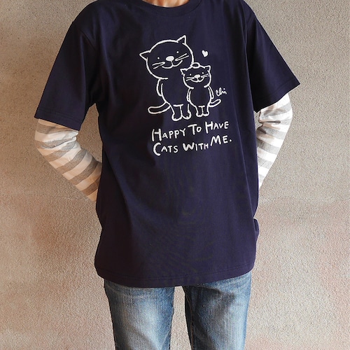 にゃんきーとすＴシャツ「ねこがいてよかった」ネイビー×ライトグレー