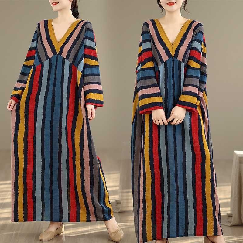 DESIGN STRIPE V-NECK WIDE MAXI PULLOVER DRESS 1color M-16039