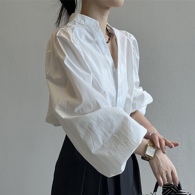 【スタンドカラープリーツパフスリーブシャツ】P00175