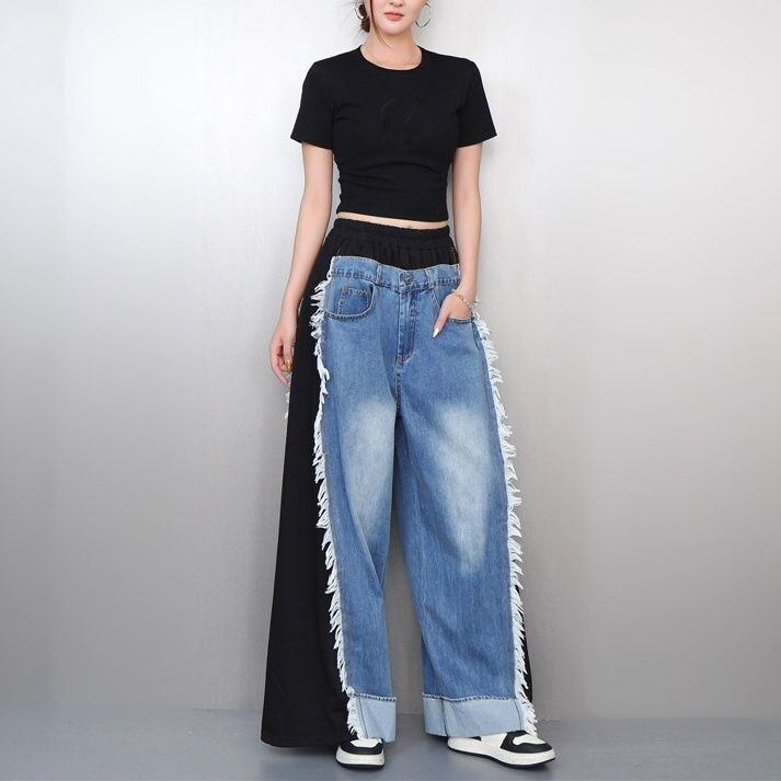 FRINGED CONTRAST PANEL STRAIGHT LEG DENIM PANTS M-17179