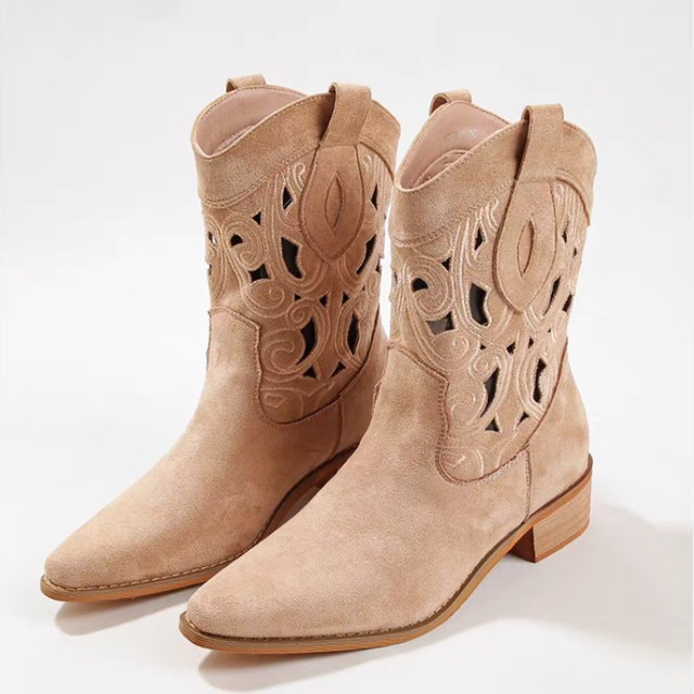 フェイクスエード透かし柄ショート丈ウエスタンブーツ　　1301